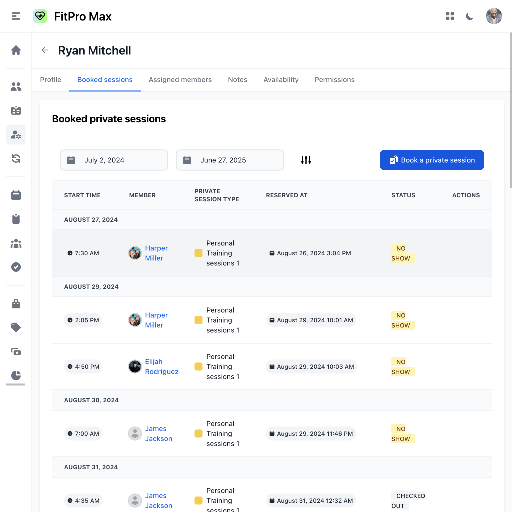 Web-Screenshot der Liste privater Sitzungen