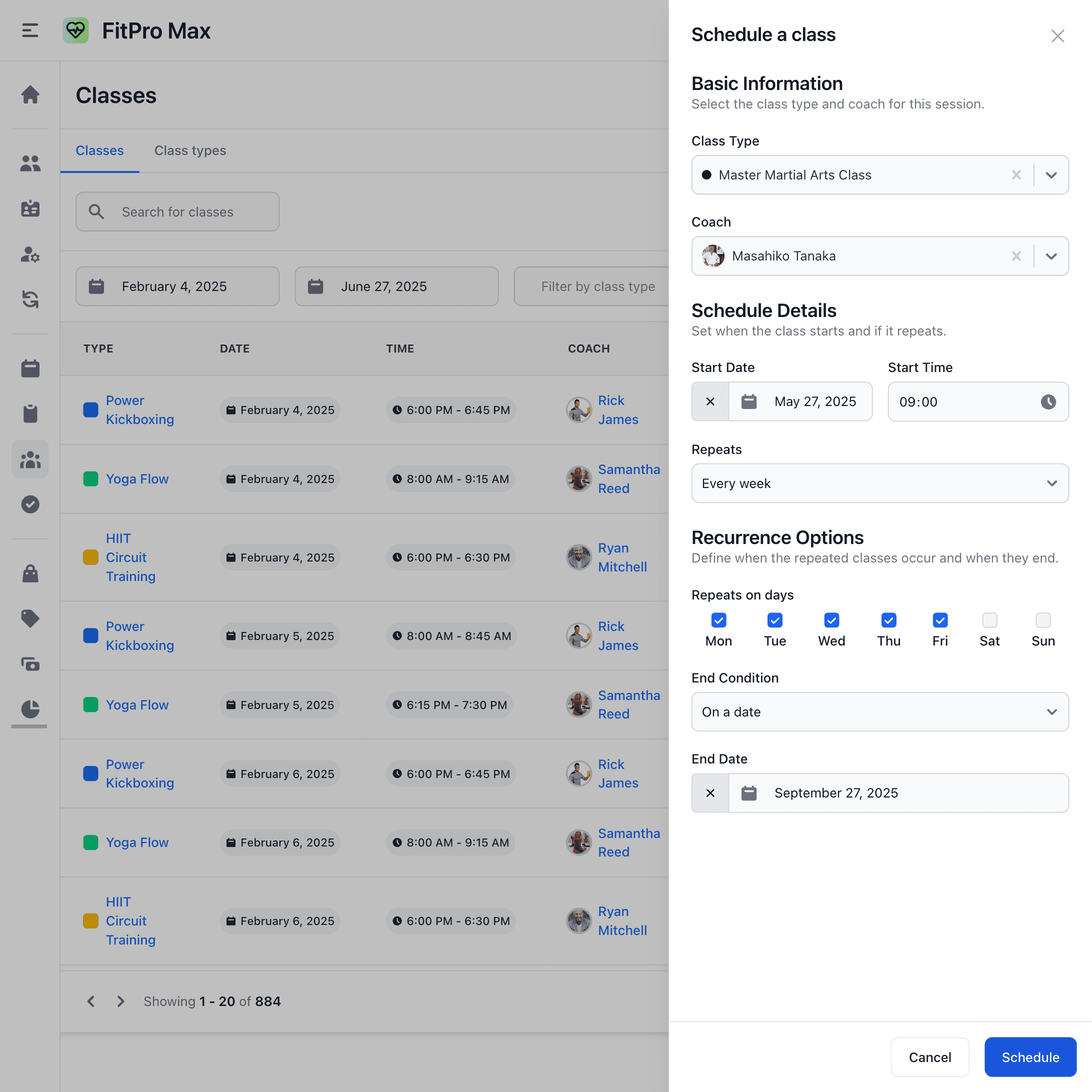 Web screenshot of class scheduling interface