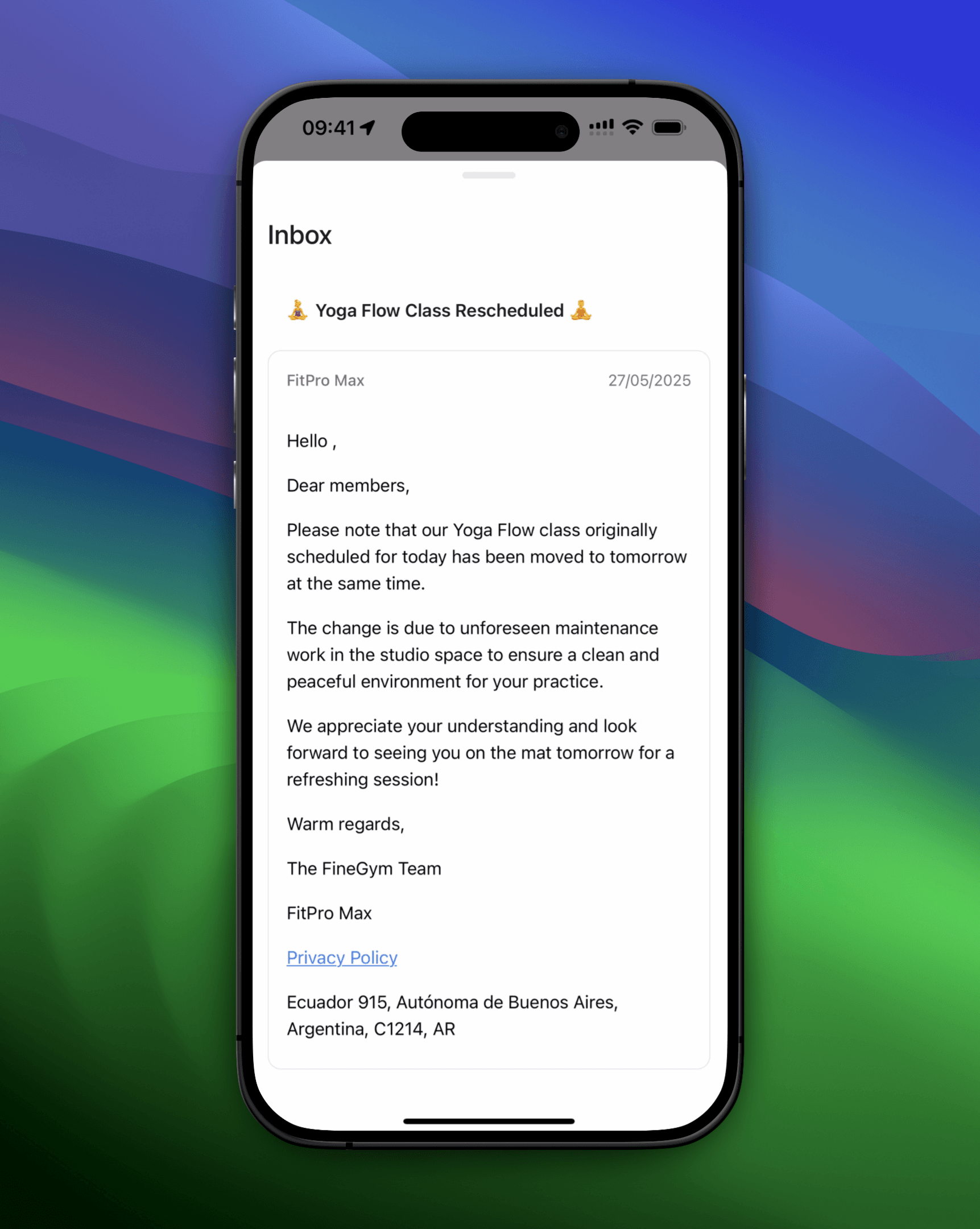 Mobile screenshot von a Kurs rescheduled message