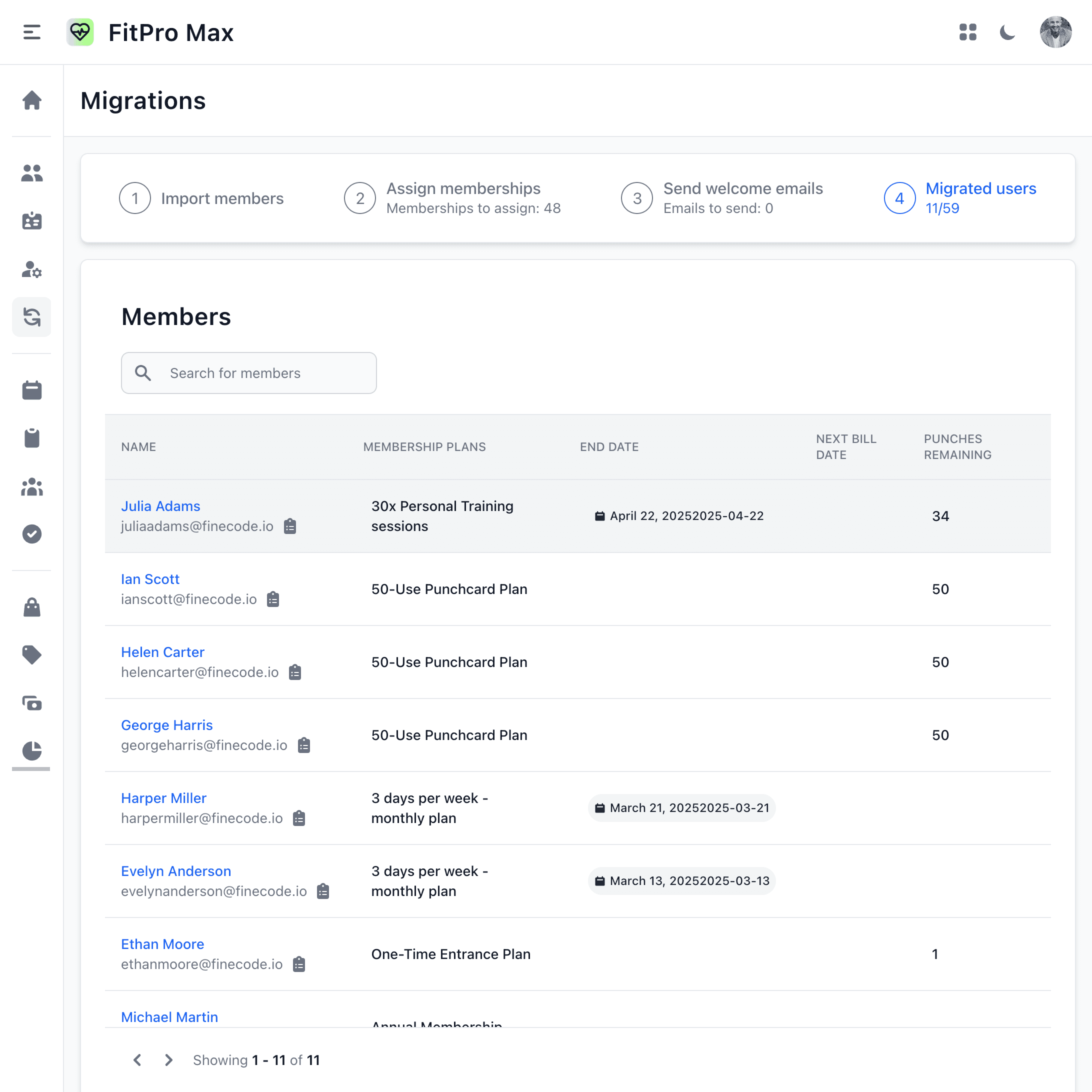 FineGym-Web-Screenshot der Migration mit erfolgreichem Import